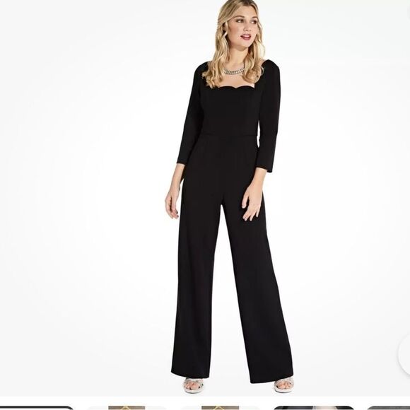 NWT Adrianna Papell 2 Black Scalloped Quarter Sleeve Wide Leg Jumpsuit - Picture 3 of 5